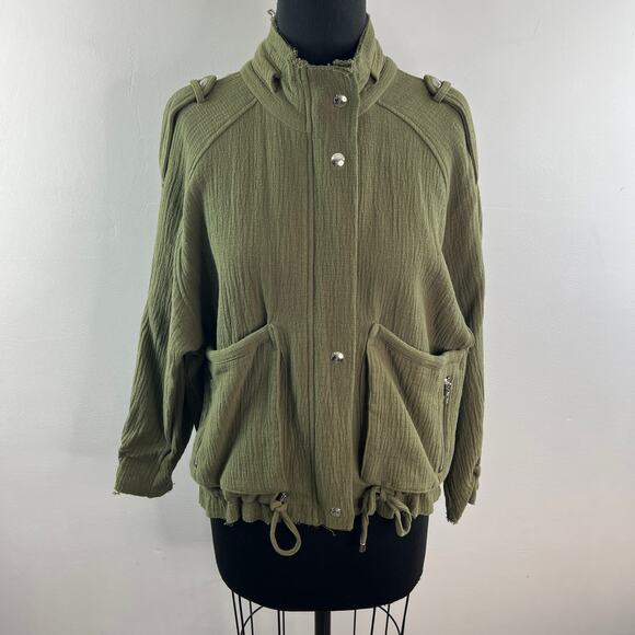 Blank NYC Olive Green Jacket Cotton Mock Neck Raw Edge Trim Zip Size XS X-Small - Picture 2 of 10